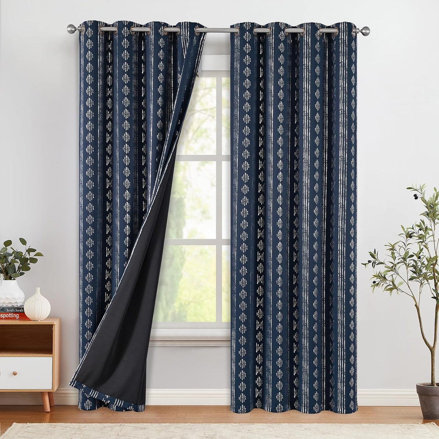 COLLACT 100% Boho Blackout Curtains for Bedroom 84 Inch Length Black on Beige Geometric Stripe Pattern Curtains for Living Room Thermal Insulated Room Darkening Drapes Grommet Window Curtains 2 Panels  COLLACT A3 | Silver Foil On Blue W52 X L84 