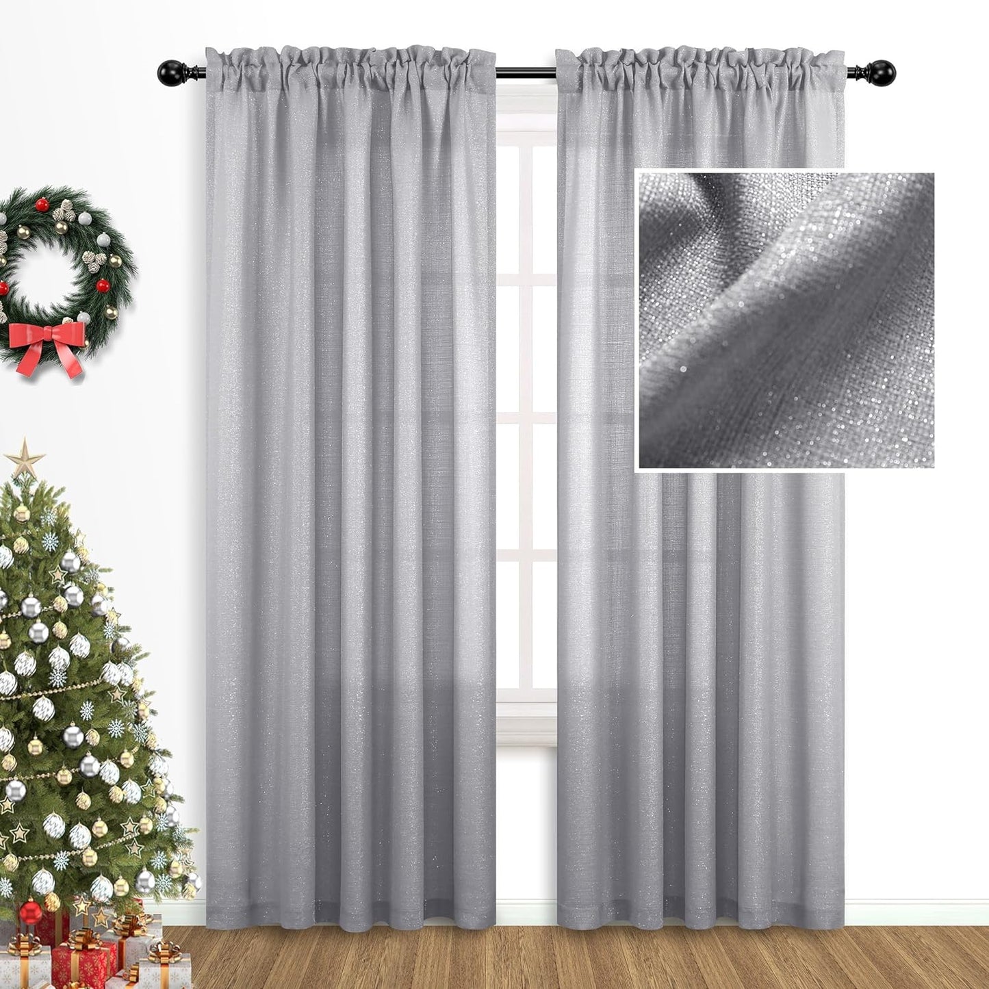 Gold Curtains 84 Inch Length for Living Room 2 Panels Set Rod Pocket Window Decor Semi Sheer Luxury Sparkle Shimmer Shiny Glitter Brown Golden Mustard Curtains for Bedroom 52X84 Long Christmas Decor  MRS.NATURALL TEXTILE Silver 52X84 
