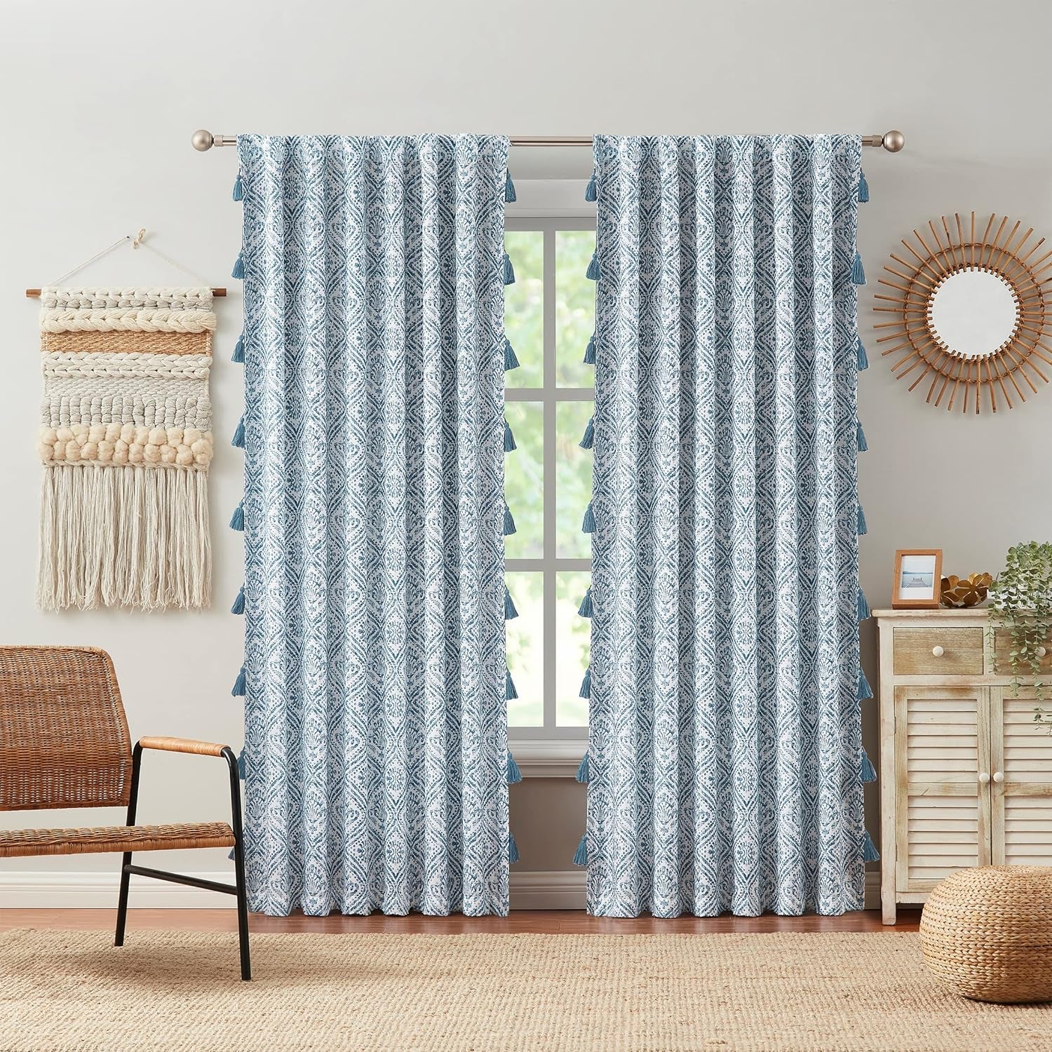 Indigo Ink - Window Curtain, Gauzy Knotted Tie Top Sheer Curtain Panel, Boho Home Decor (Mia White, 70" X 95")  Victoria Classics Adalet Blue 52" X 84" 