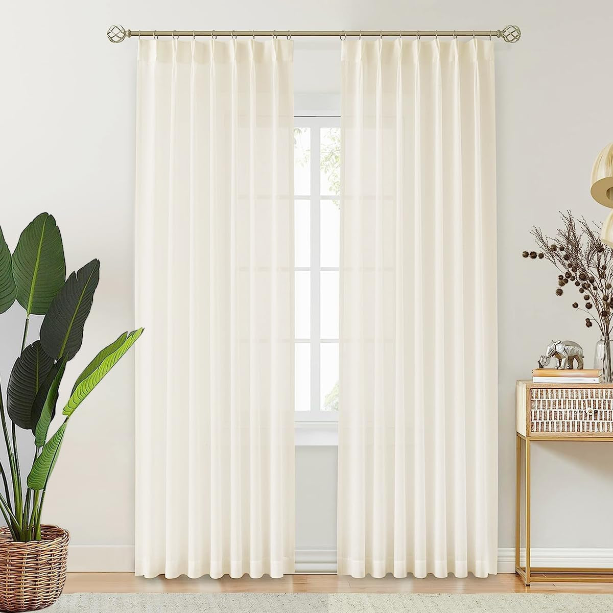 LIYAXUN Beige Sheer Curtains 102 Inches Long, Pinch Pleated Sheers Curtains for Track System, Custom Window Sheers, Thin, Solid, Light Weight (2 Panels, 50 Inches Wide Each Panel, Beige)  LIYAXUN   