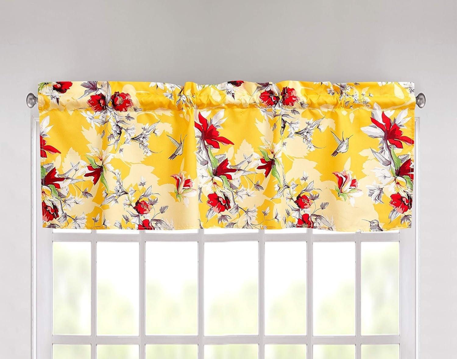 Dada Bedding Radiant Sunshine Yellow Window Curtain Valance - Semi Sheer Natural Light Filtering Tailored Farmhouse Floral Hummingbirds - Bright Vibrant Red Flowers Kitchen Decor - 18" X 52"