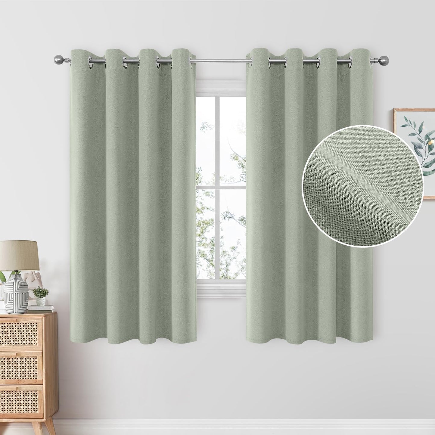 HOMEIDEAS 100% Blush Pink Linen Blackout Curtains for Bedroom, 52 X 84 Inch Room Darkening Curtains for Living, Faux Linen Thermal Insulated Full Black Out Grommet Window Curtains/Drapes  HOMEIDEAS Sage Green W52" X L63" 