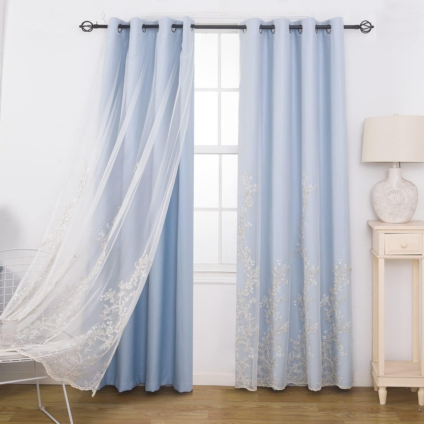 GYROHOME Double Layered Curtains with Embroidered White Sheer Tulle, Mix and Match Curtains Room Darkening Grommet Top Thermal Insulated Drapes,2Panels,52X84Inch,Beige  GYROHOME Sky Blue 52Wx63Lx2 
