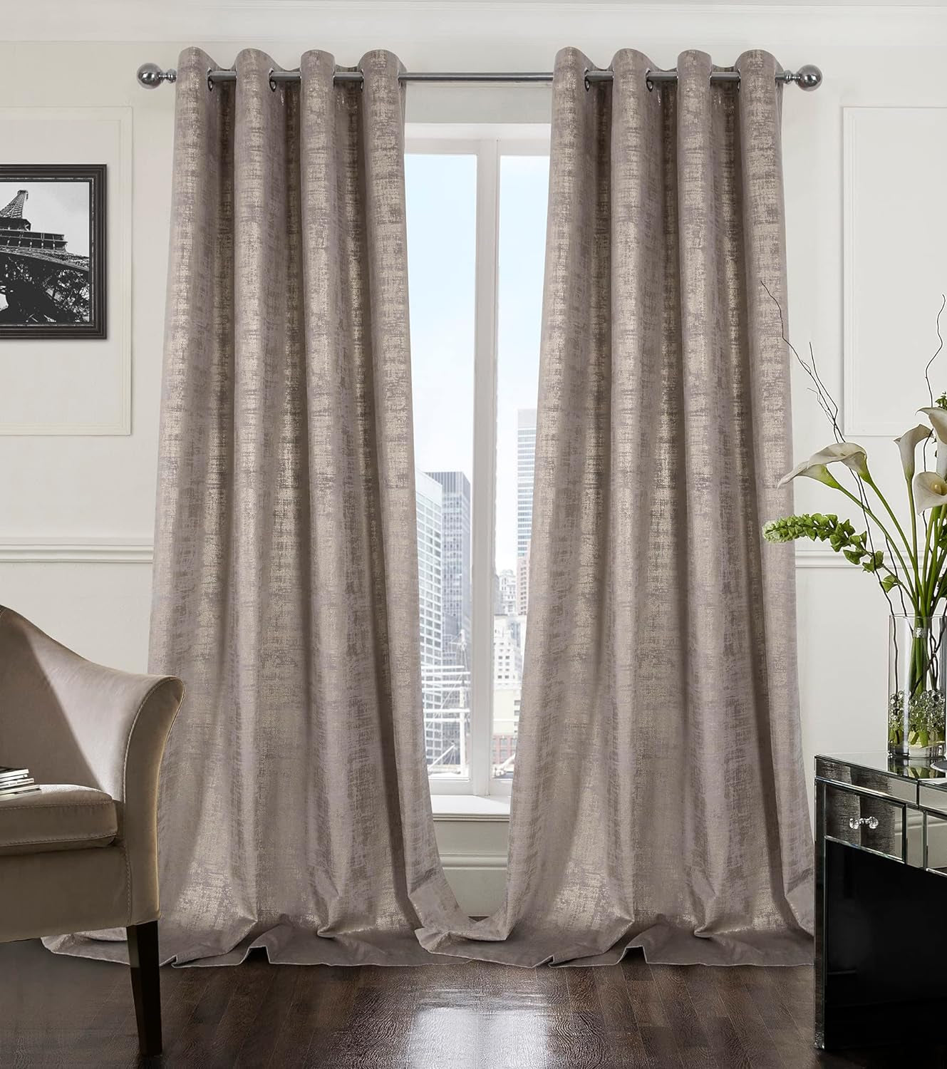Always4U Soft Velvet Curtains 95 Inch Length Luxury Bedroom Curtains Gold Foil Print Window Curtains for Living Room 1 Panel White  always4u Champagne (Gold Print) 2 Panels: 52''W*108''L 