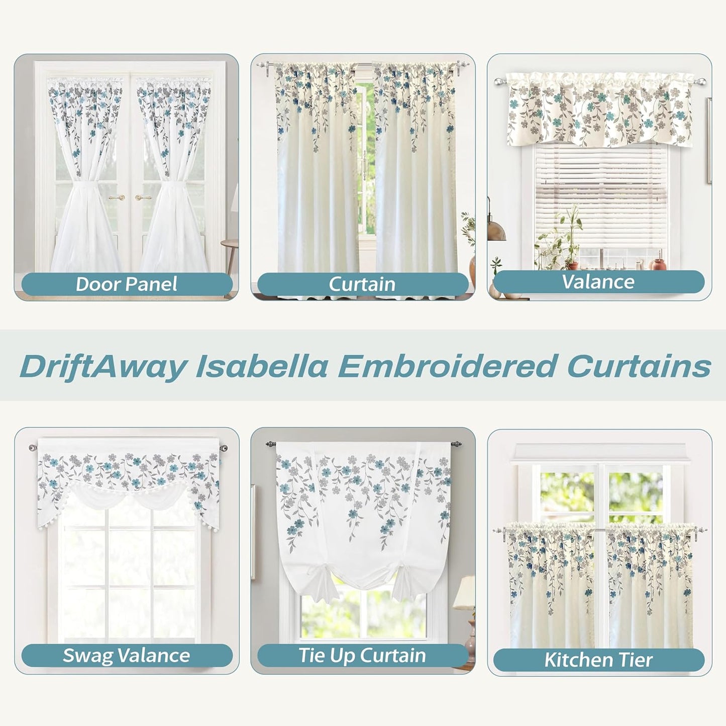 Driftaway Isabella Faux Silk Embroidered Crafted Flower Door Curtain Sidelight Rod Pocket Room Darkening Front Door 1 Panel with Adjustable Tieback 25 Inch by 72 Inch plus 1.5 Inch Header Blue  DriftAway   