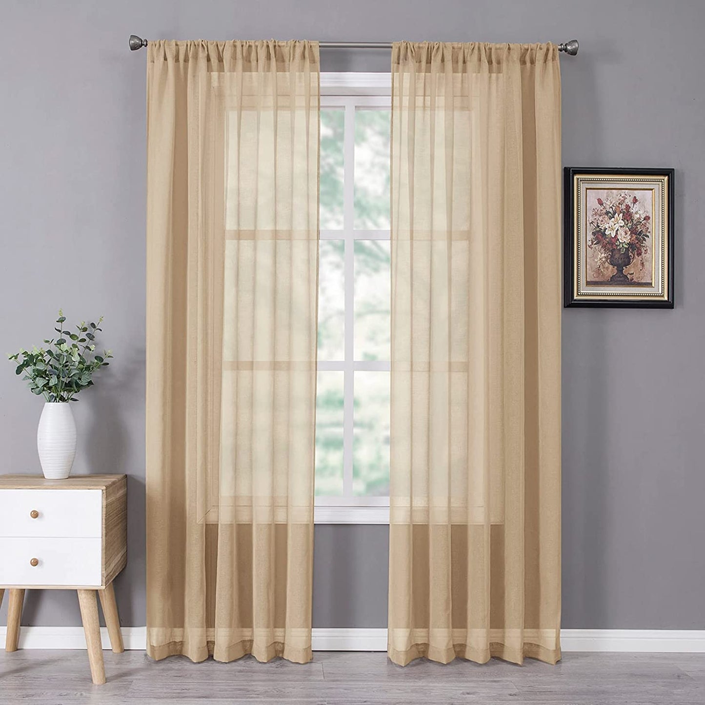 Tollpiz Short Sheer Curtains Linen Textured Bedroom Curtain Sheers Light Filtering Rod Pocket Voile Curtains for Living Room, 54 X 45 Inches Long, White, Set of 2 Panels  Tollpiz Tex Beige 54"W X 72"L 