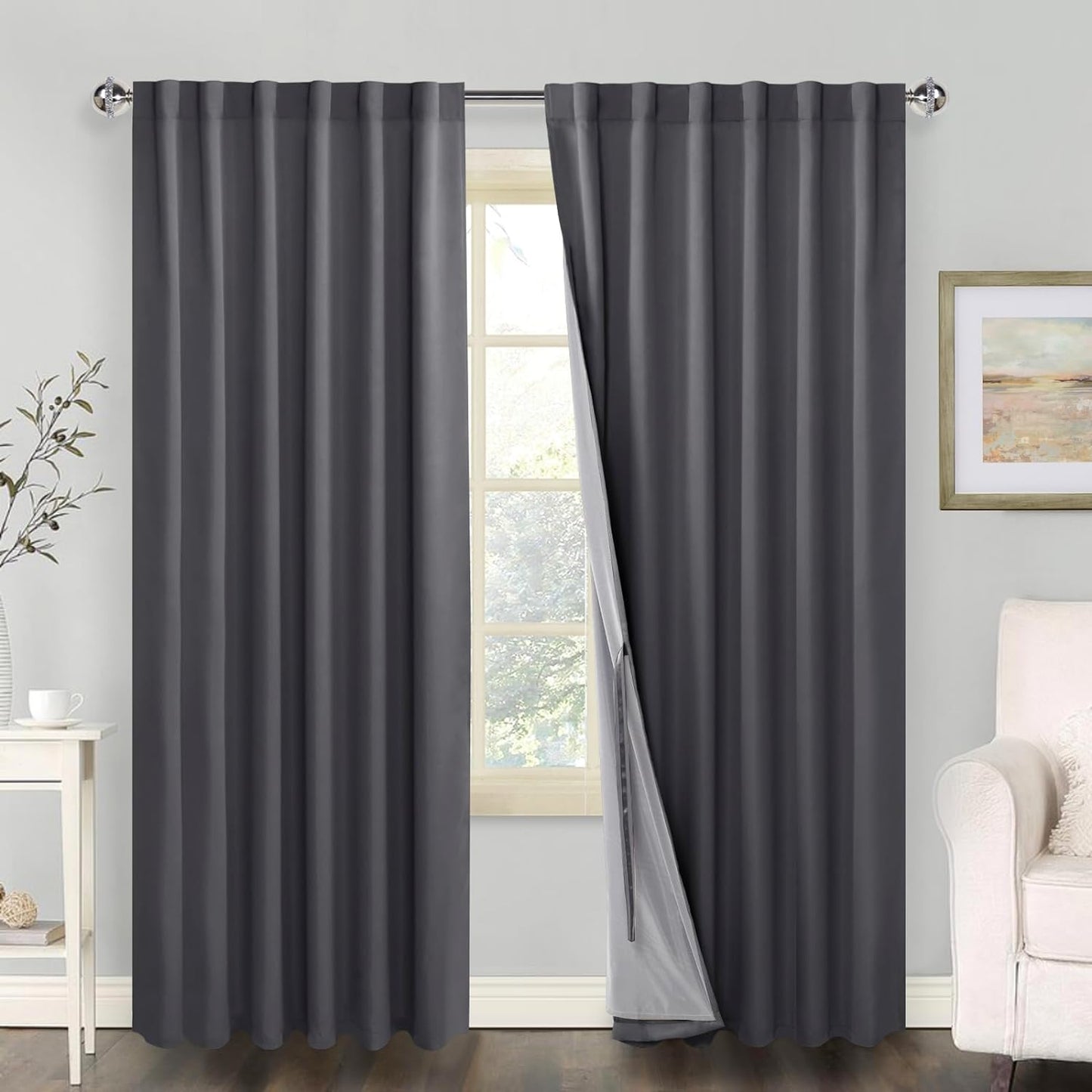 100% Blackout Curtains 2 Panels with Tiebacks- Heat and Full Light Blocking Window Treatment with Black Liner for Bedroom/Nursery, Rod Pocket & Back Tab，White, W52 X L84 Inches Long, Set of 2  XWZO Dark Grey W52" X L108"|2 Panels 