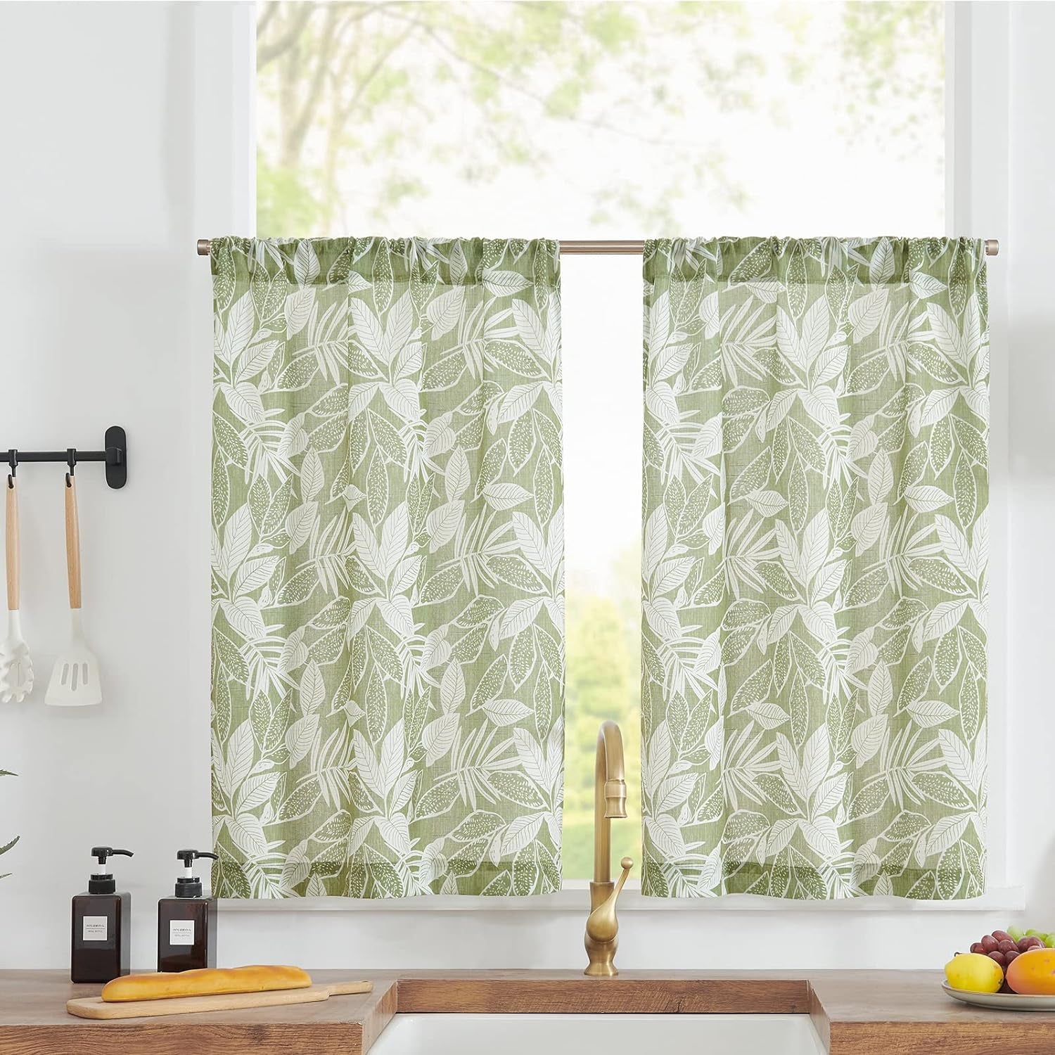 Jinchan Beige Kitchen Curtains Linen Tier Curtains 24 Inch Farmhouse Cafe Curtains Light Filtering Small Window Curtains Flax Country Rustic Rod Pocket Bathroom Laundry Room RV 2 Panels Crude  CKNY HOME FASHION Leaf Sage Green On White 24L 