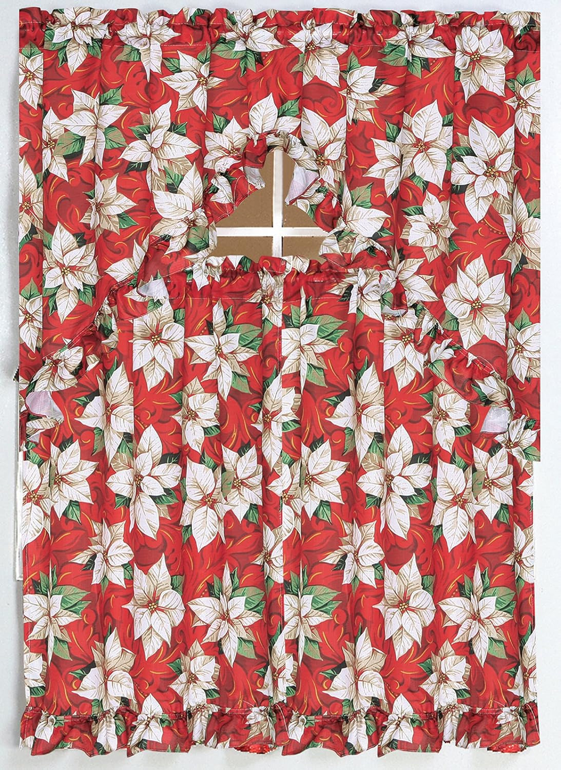 3 Piece Christmas Decorative Kitchen Curtain Set, Ruffled Swag Valance & Tiers, Holiday Window Decor (White Poinsettia)