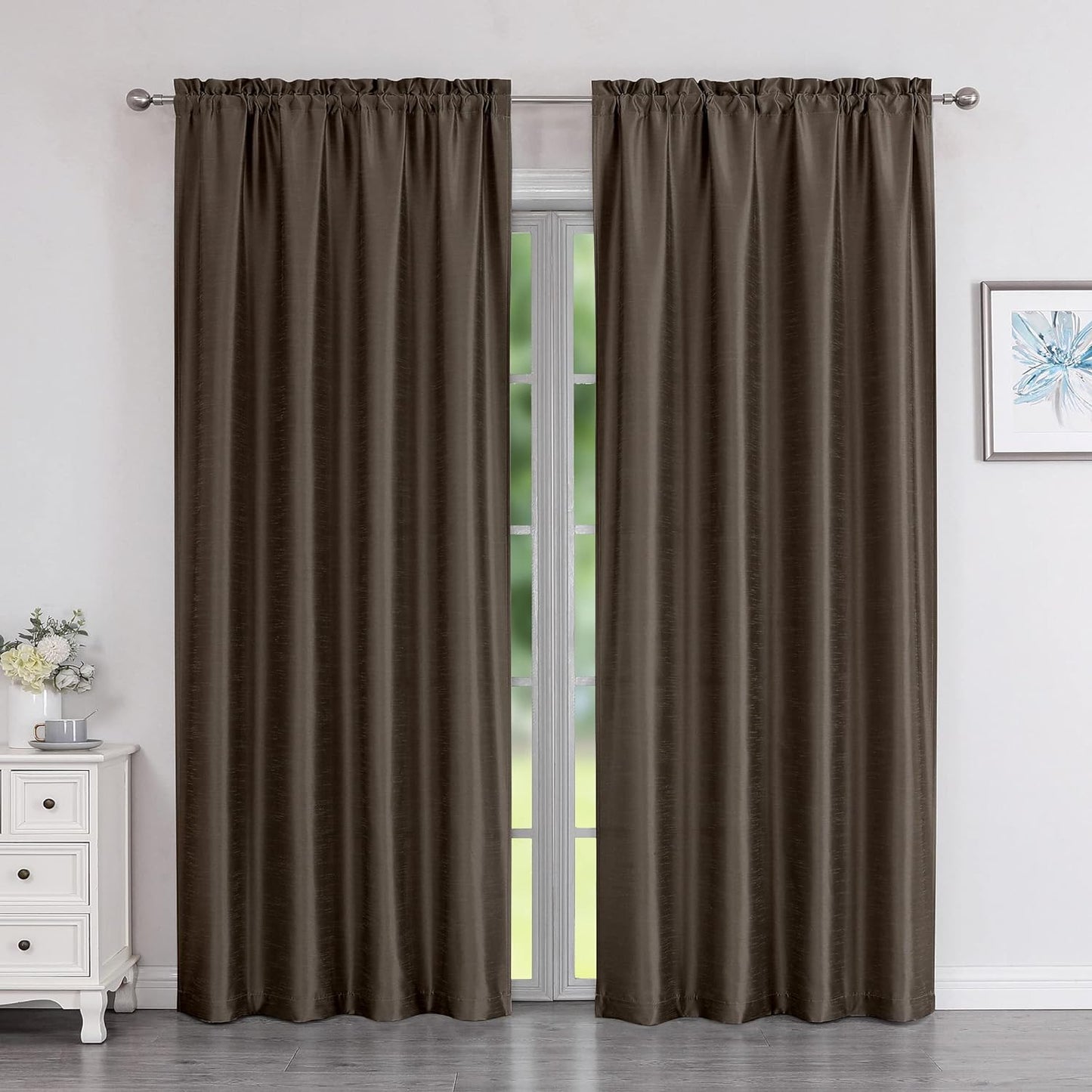 Chyhomenyc Uptown Sage Green Kitchen Curtains 45 Inch Length 2 Panels, Room Darkening Faux Silk Chic Fabric Short Window Curtains for Bedroom Living Room, Each 30Wx45L  Chyhomenyc Chocolate 2X40"Wx84"L 