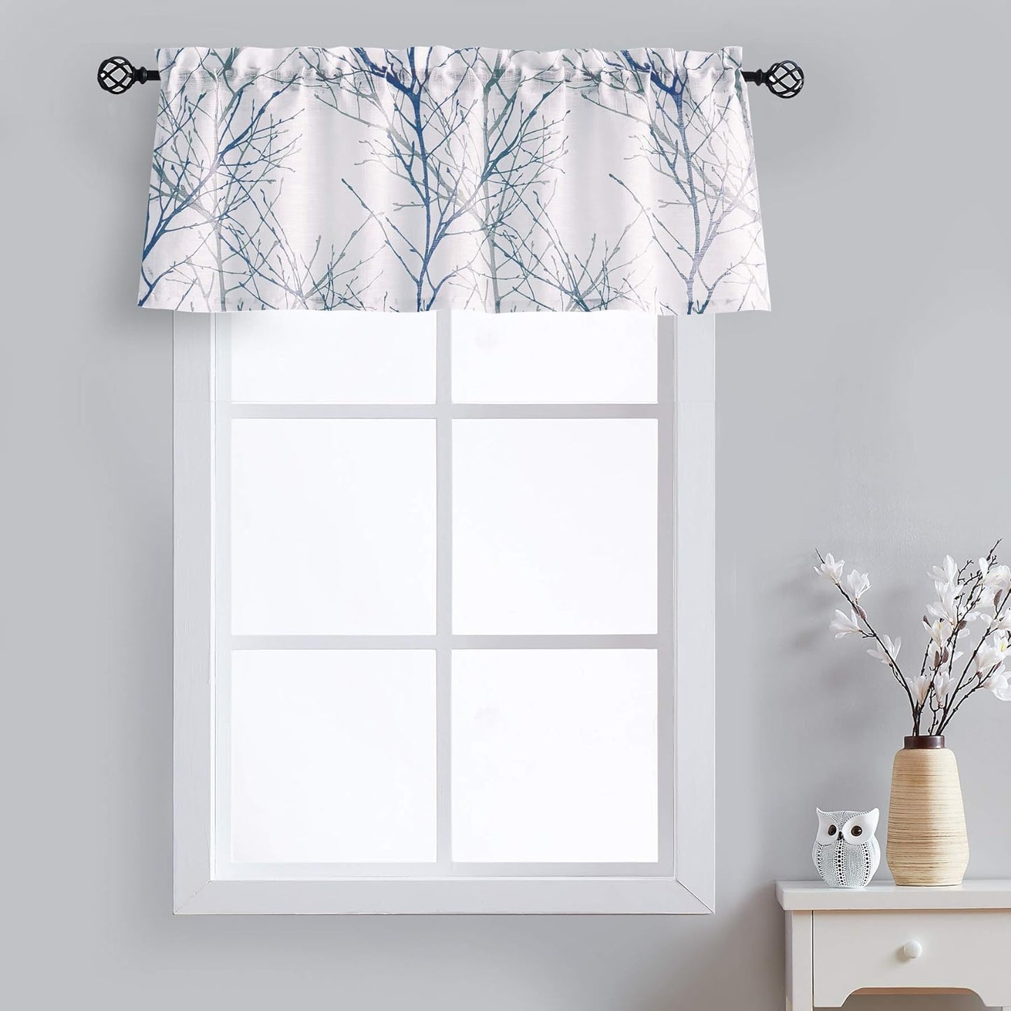 FMFUNCTEX Blue White Curtains for Kitchen Living Room 72“ Grey Tree Branches Print Curtain Set for Small Windows Linen Textured Semi-Sheer Drapes for Bedroom Grommet Top, 2 Panels  Fmfunctex Blue 50" X 18" 1Pc 