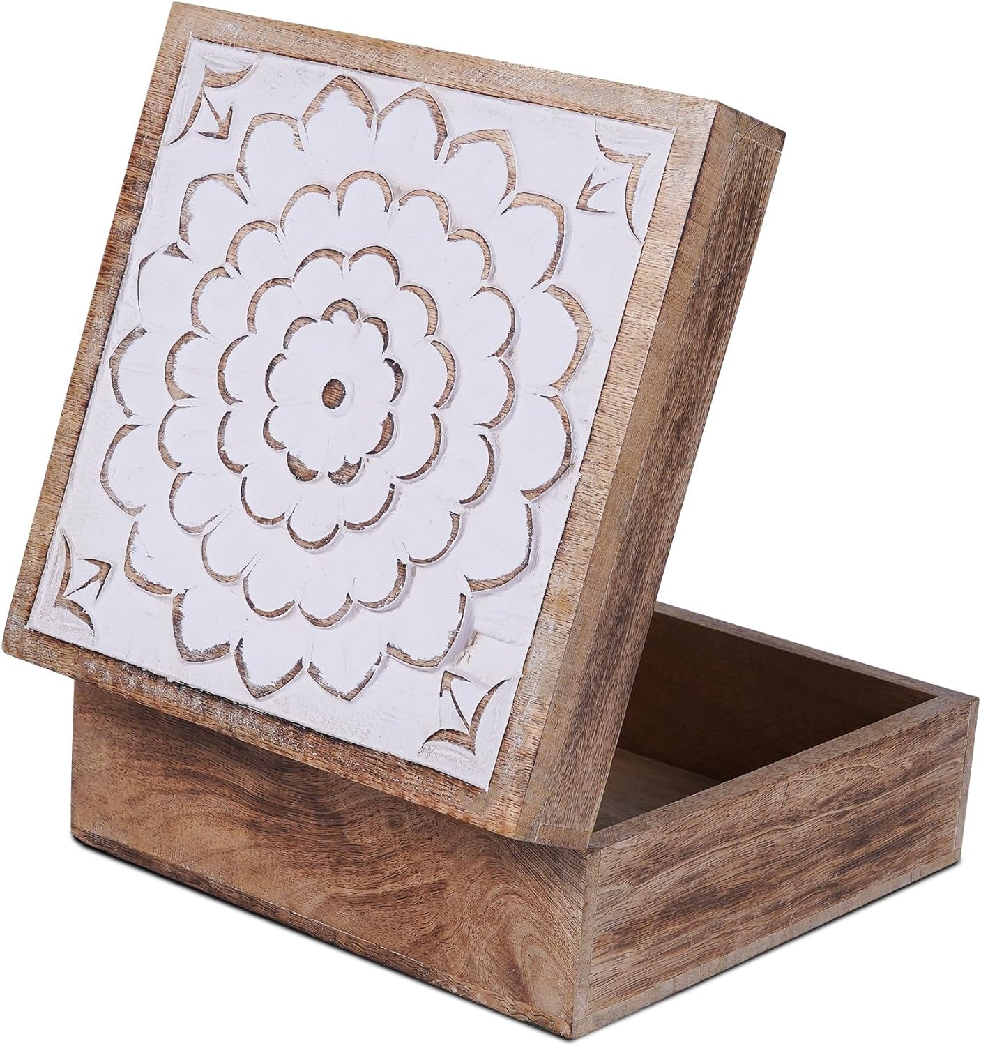 Mela Artisans Blossom Wooden Box - Natural Distressed Gold Decorative Box W/Felt Pads underneath & Wooden Carving - Unique Handmade Mangowood Keepsake Storage Box for Home - 9” X 9” X 4”