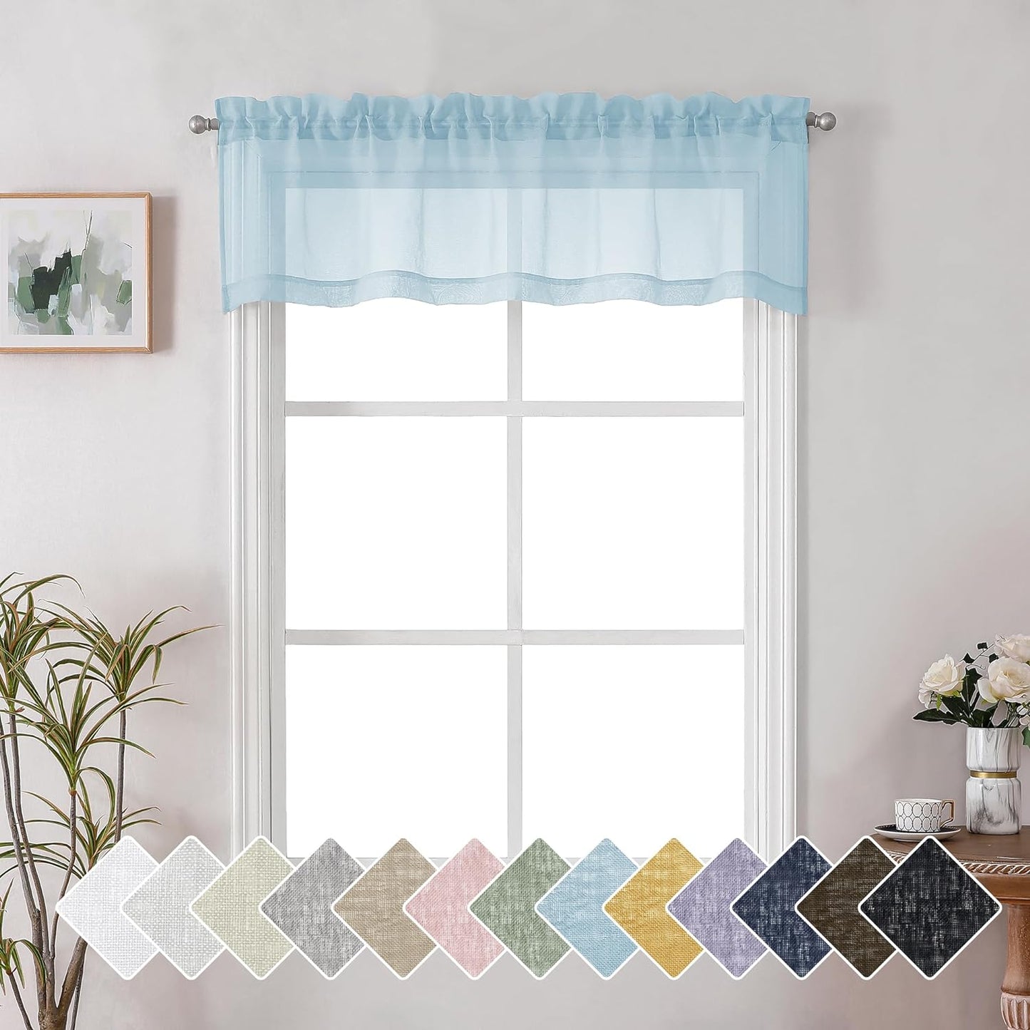 Lecloud Doris Faux Linen Sheer Grey Valance Curtains 14 Inches Length, Cafe Kitchen Bedroom Living Room Gauzy Silver Grey Curtain for Small Window, Slub Light Gray Valance Dual Rod Pockets 60X14 Inch  Lecloud Sky Blue 60 W X 14 L 