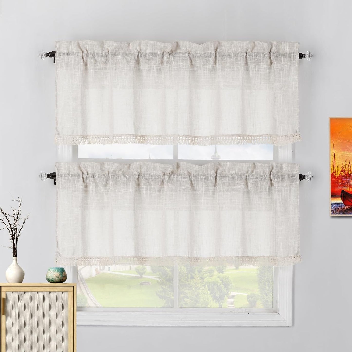 Beda Home Tassel Linen Textured Swag Curtain Valance for Farmhouses’ Kitchen; Light Filtering Rustic Short Swag Topper for Small Windows Bedroom Privacy Added Rod Pocket Design(Nature 36X63-2Pcs)  BD BEDA HOME Nature 52Wx18L - 2 Pcs 