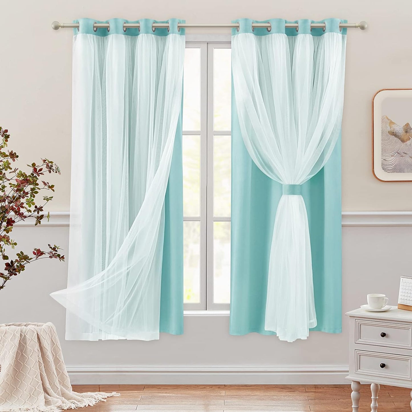 HOMEIDEAS Double Layer Curtains Light Grey Blackout Curtains 84 Inch Length 2 Panels Nursery Curtains for Girls Kids Bedroom Grommet Blackout Curtains with Sheer Overlay  HOMEIDEAS Aqua 52" X 63" 