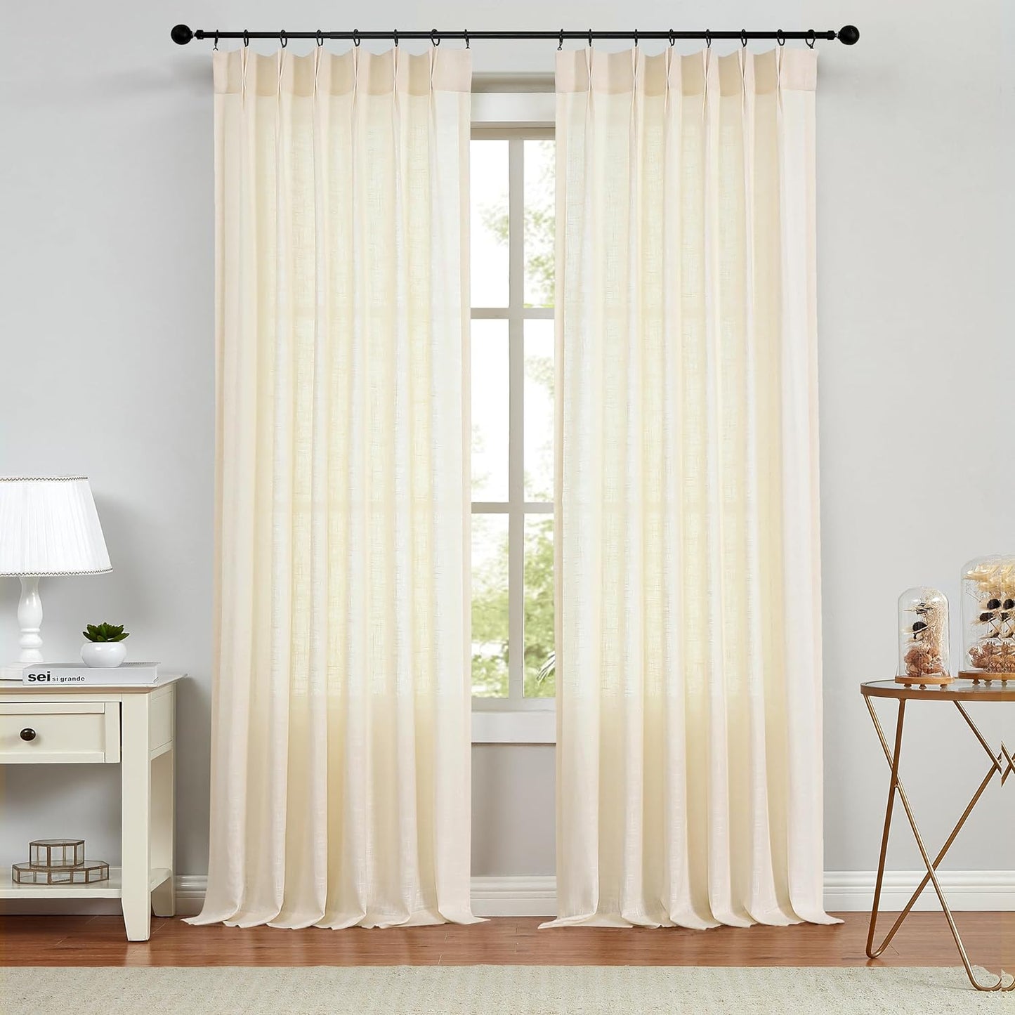 White Pinch Pleated Curtain Semi Sheer Curtain Panel Linen Cotton Blend Decorative Drape 84 Inches Long for Living Room Bedroom Farmhouse Rustic Window Treatment, White, 34"X84"X2  Central Park Ivory 34"X84"X2 
