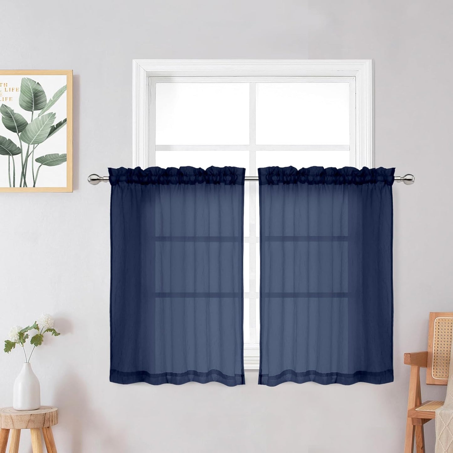 Chyhomenyc Crushed White Sheer Valances for Window 14 Inch Length 2 PCS, Crinkle Voile Short Kitchen Curtains with Dual Rod Pockets，Gauzy Bedroom Curtain Valance，Each 42Wx14L Inches  Chyhomenyc Navy Blue 28 W X 24 L 