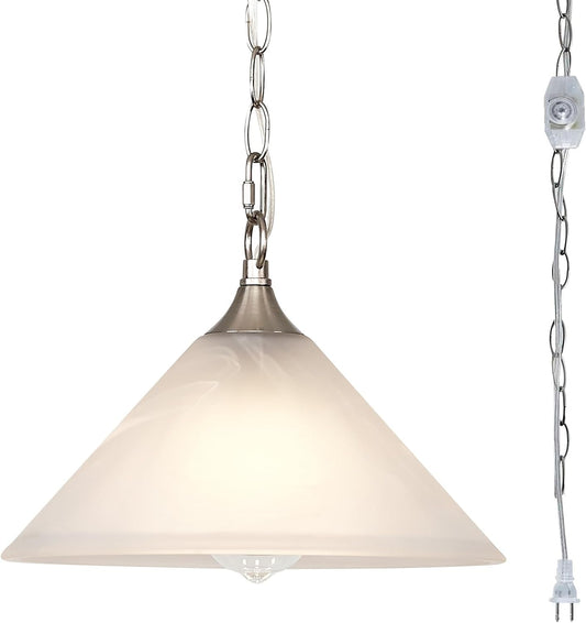 Plug in Pendant Light Alabaster Glass Dome Shade Hanging Lamp with Dimmable On/Off Switch,16.4Ft Cord & 14.7Ft Chain Brushed Nickel Swag Light Fixture for Kitchen Sink Bar Nook Farmhouse