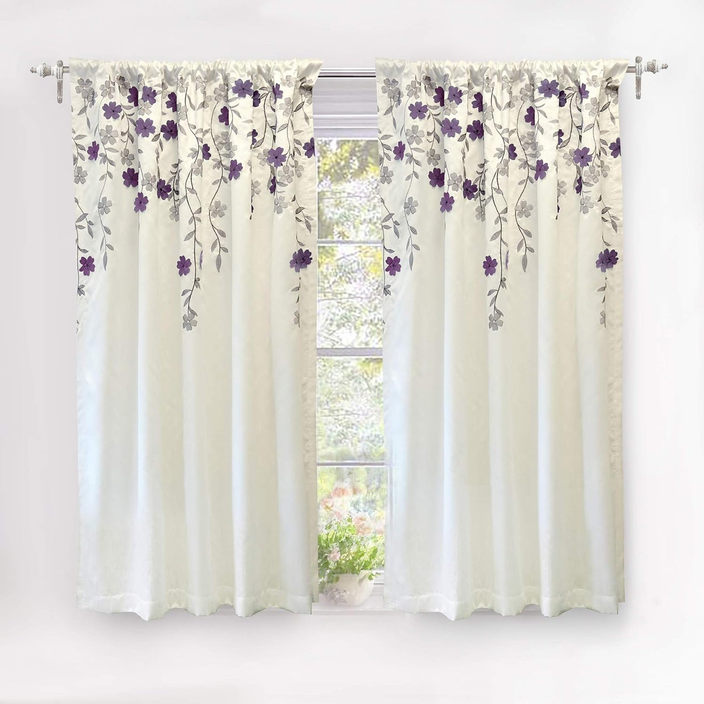 Driftaway Aubree Weeping Flower Print Thermal Room Darkening Privacy Window Curtain for Bedroom Living Room Rod Pocket 2 Panels 52 Inch by 84 Inch Blue  DriftAway One Panel Ivory Purple 50"X54" 