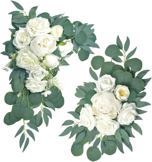 Artificial Floral Swag Wedding Arch Flower Swag Decor for Ceremony Party Backdrop Wedding Decoration Reception Welcome Sign Pack of 2 (White)