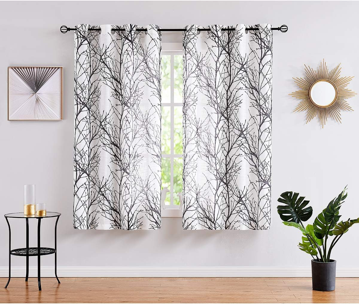 FMFUNCTEX Blue White Curtains for Kitchen Living Room 72“ Grey Tree Branches Print Curtain Set for Small Windows Linen Textured Semi-Sheer Drapes for Bedroom Grommet Top, 2 Panels  Fmfunctex Black 50" X 63" |2Pcs 