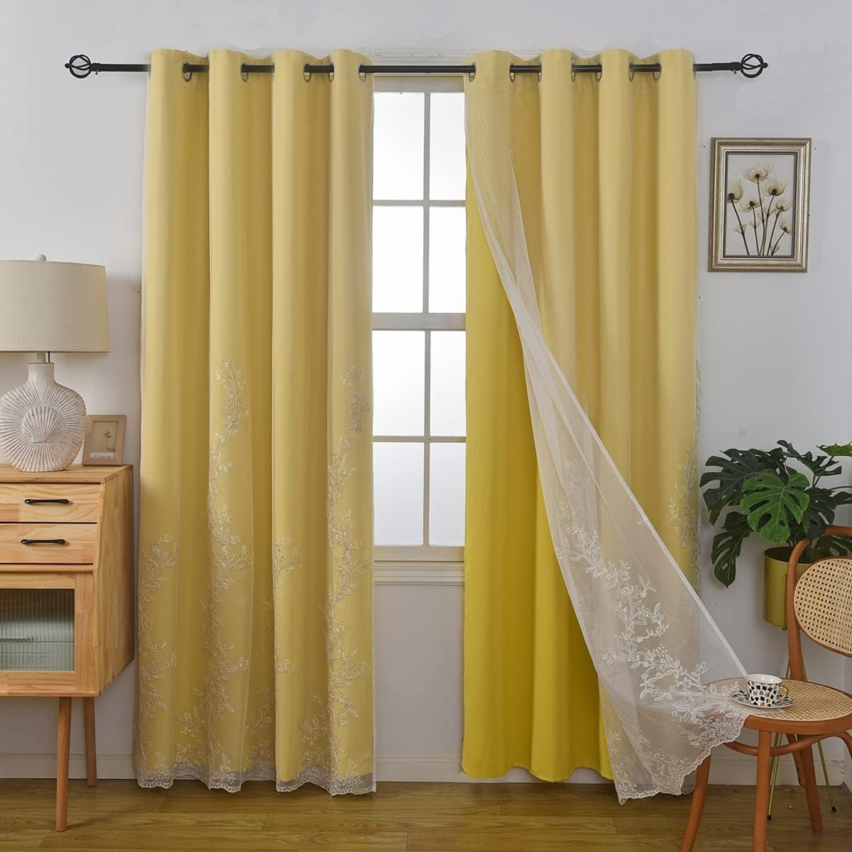 GYROHOME Double Layered Curtains with Embroidered White Sheer Tulle, Mix and Match Curtains Room Darkening Grommet Top Thermal Insulated Drapes,2Panels,52X84Inch,Beige  GYROHOME Yellow 52Wx63Lx2 