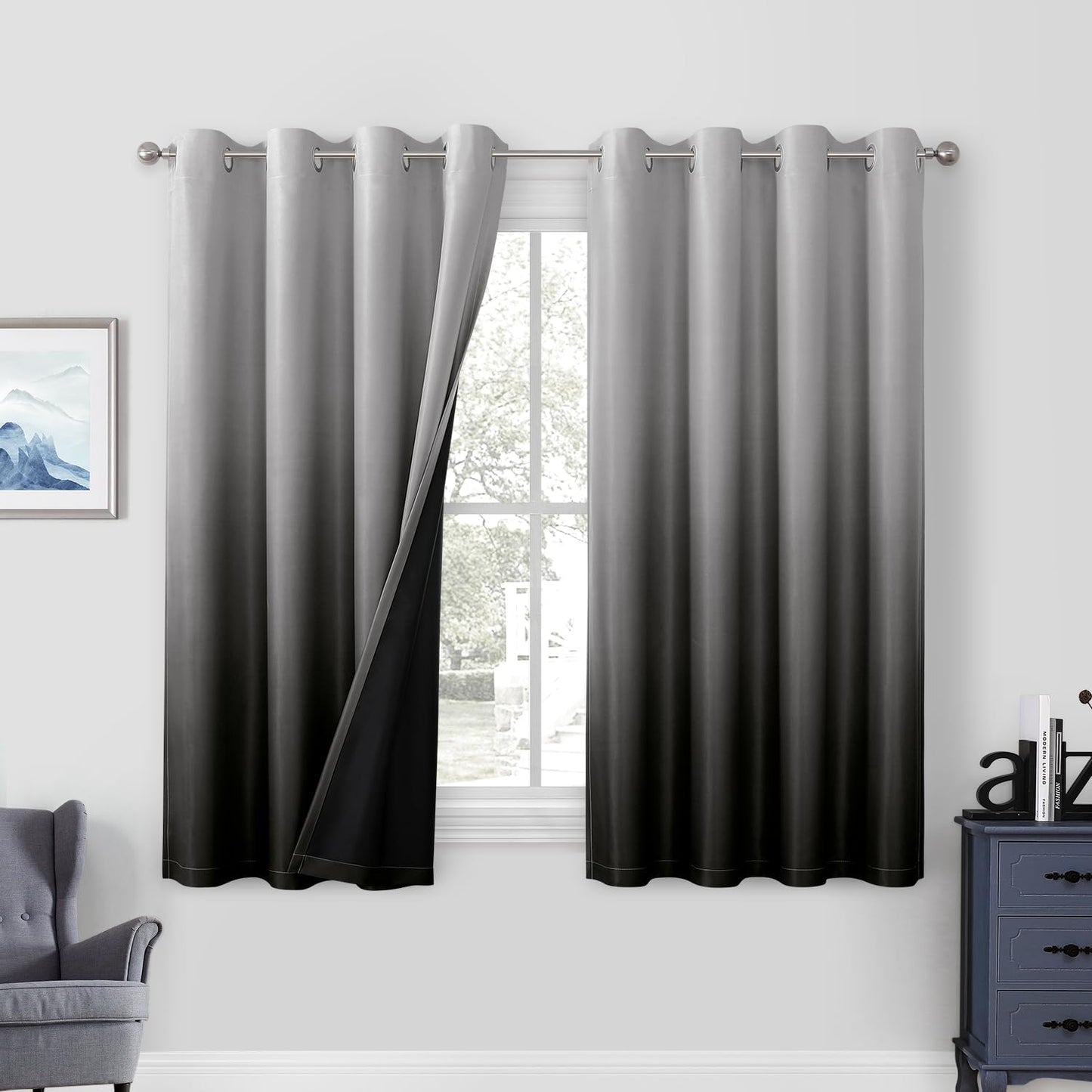 HOMEIDEAS 100% Black Ombre Blackout Curtains for Bedroom, Room Darkening Curtains 52 X 84 Inches Long Grommet Gradient Drapes, Light Blocking Thermal Insulated Curtains for Living Room, 2 Panels  HOMEIDEAS Black 2 Panel-52" X 63" 