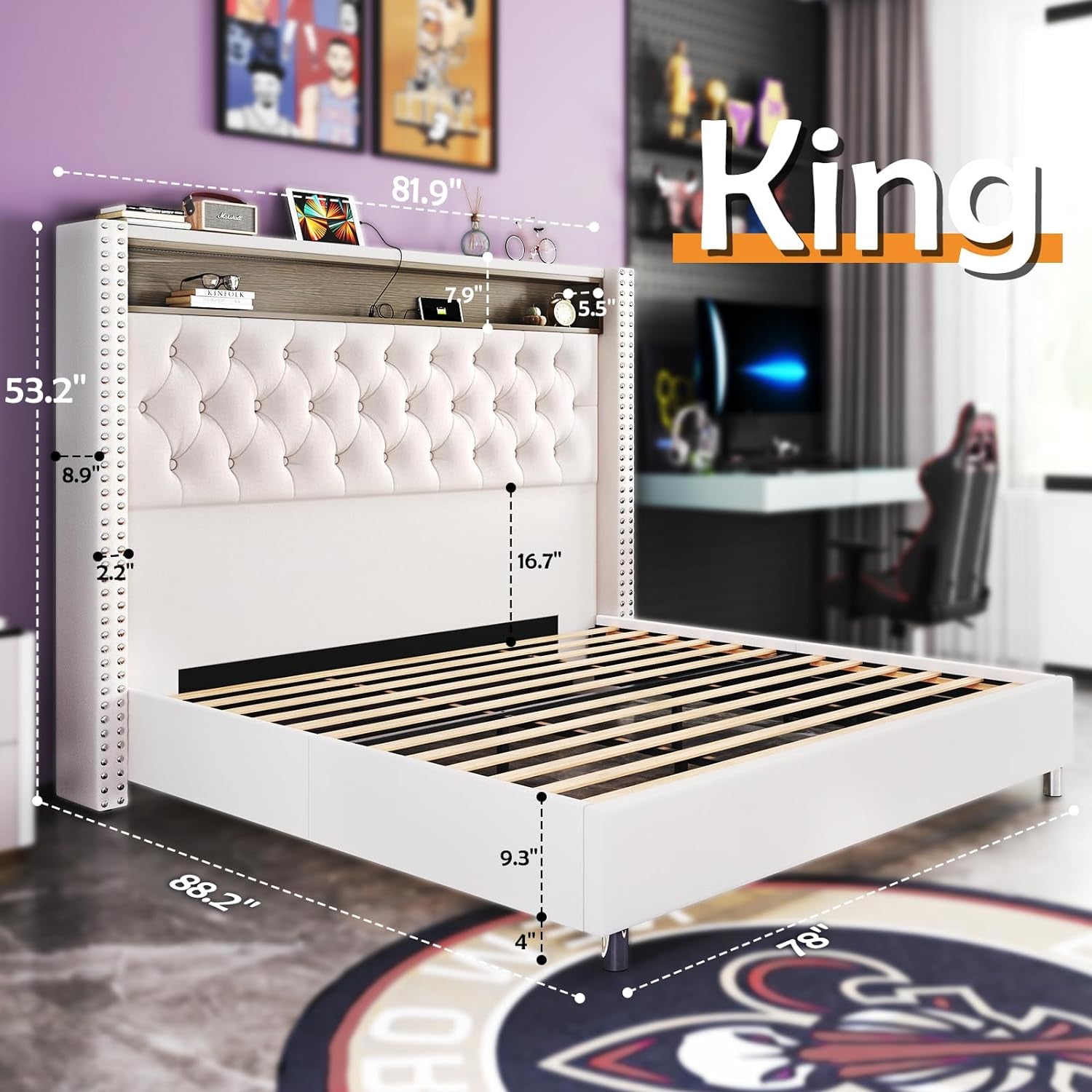 LED King Size Bed Frame and Headboard with Charging Station Velvet Upholstered Platform Bed No Box Spring Needed/Cream