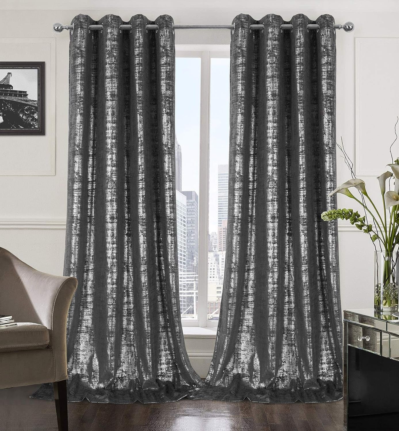 Always4U Soft Velvet Curtains 95 Inch Length Luxury Bedroom Curtains Gold Foil Print Window Curtains for Living Room 1 Panel White  always4u Charcoal Grey (Silver Print) 2 Panels: 52''W*108''L 