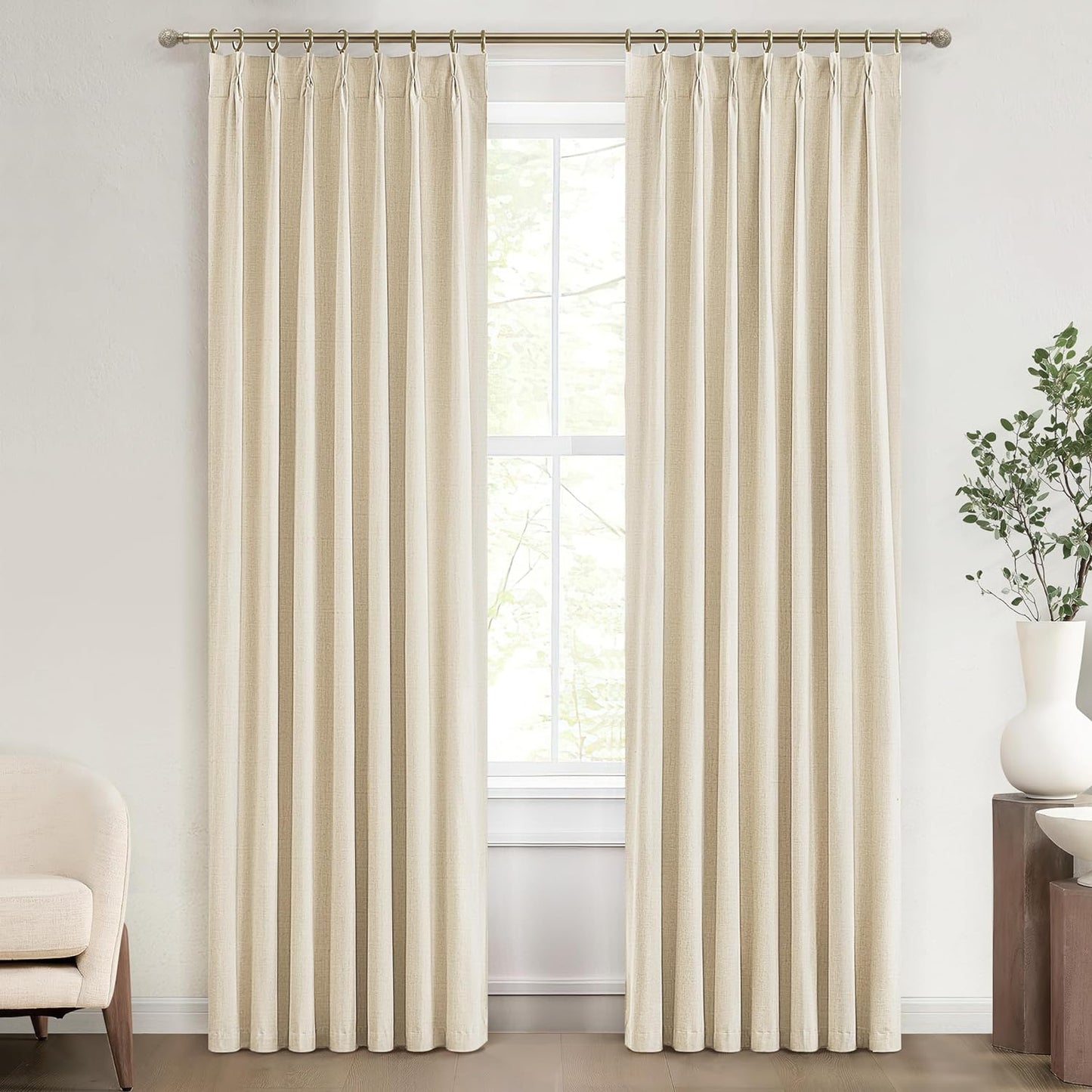 Natural Linen Pinch Pleated Blackout Curtains & Drapes 96 Inch Long Bedroom/Livingroom Farmhouse Curtains 2 Panel Sets, Neutral Track Room Darkening Thermal Insulated 8Ft Back Tab Window Curtain  QJmydeco Light Beige 40"W X 90"L X 2 Panels 