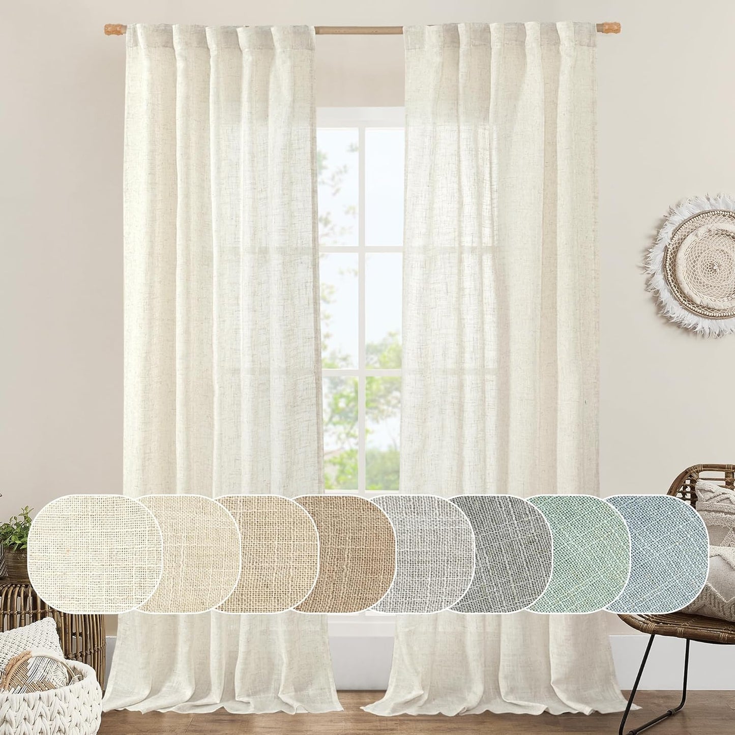 LAMIT Natural Linen Blended Curtains for Living Room, Back Tab and Rod Pocket Semi Sheer Curtains Light Filtering Country Rustic Drapes for Bedroom/Farmhouse, 2 Panels,52 X 108 Inch, Linen  LAMIT Natural 42W X 84L 