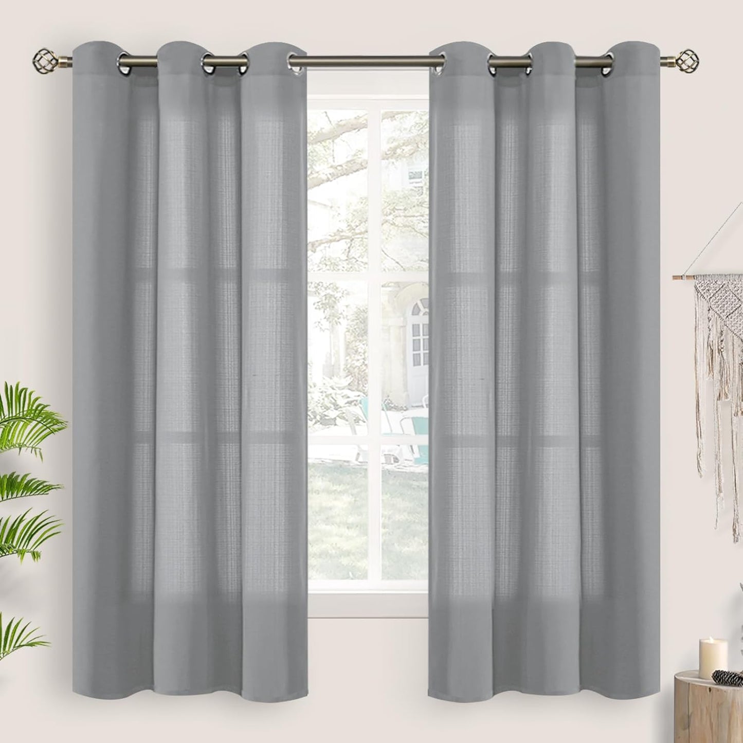 Bgment Natural Linen Look Semi Sheer Curtains for Bedroom, 52 X 54 Inch White Grommet Light Filtering Casual Textured Privacy Curtains for Bay Window, 2 Panels  BGment Grey 42W X 63L 
