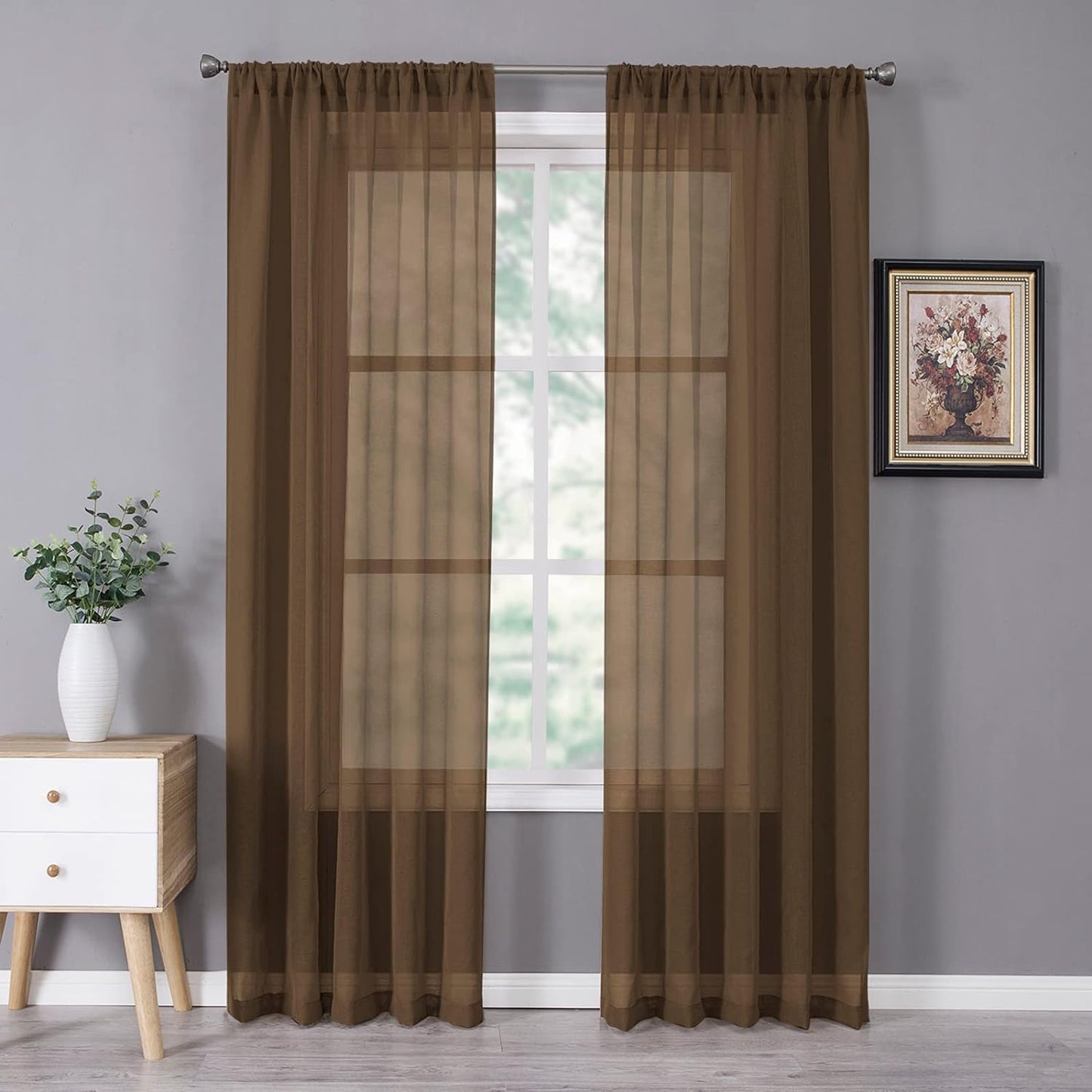 Tollpiz Short Sheer Curtains Linen Textured Bedroom Curtain Sheers Light Filtering Rod Pocket Voile Curtains for Living Room, 54 X 45 Inches Long, White, Set of 2 Panels  Tollpiz Tex Brown 54"W X 72"L 