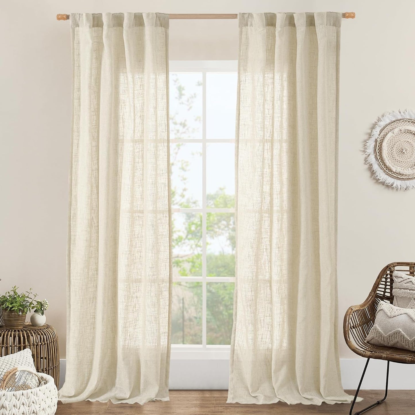LAMIT Natural Linen Blended Curtains for Living Room, Back Tab and Rod Pocket Semi Sheer Curtains Light Filtering Country Rustic Drapes for Bedroom/Farmhouse, 2 Panels,52 X 108 Inch, Linen  LAMIT Beige 38W X 84L 