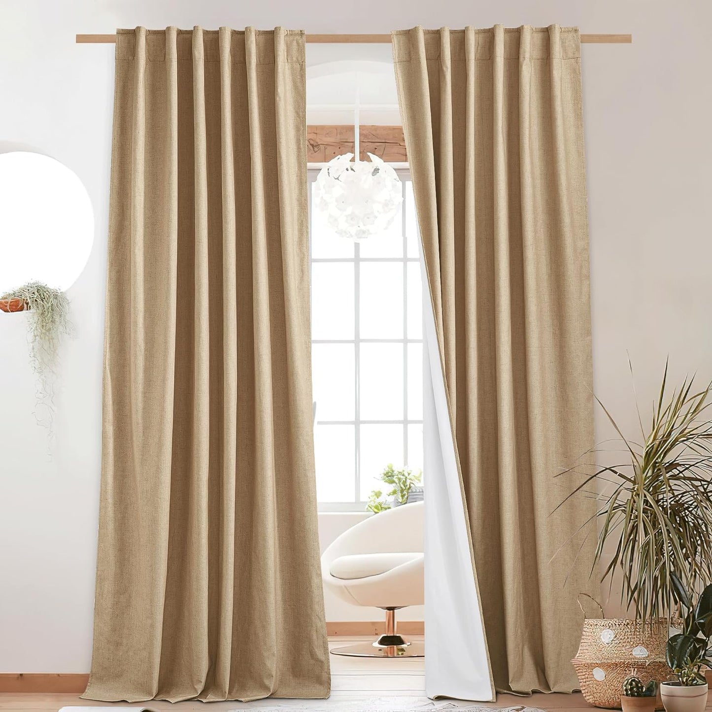 NICETOWN 100% Blackout Linen Curtains for Living Room with Thermal Insulated White Liner, Ivory, 52" Wide, 2 Panels, 84" Long Drapes, Back Tab Retro Linen Curtains Vertical Drapes Privacy for Bedroom  NICETOWN Camel W52 X L90 