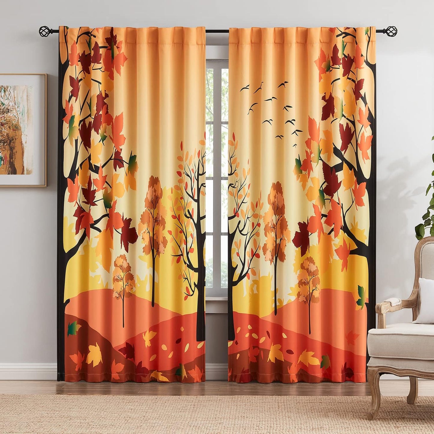 FMFUNCTEX Metallic Tree Blackout Curtains Bedroom Grey 84-Inch Living-Room Branch Print Curtain Panels Forest Triple Weave Thermal Insulated Drapes for Windows Dorm Hotel Grommet Top, 2Panels  Fmfunctex Orange 50"W X 84"L 2Pcs 