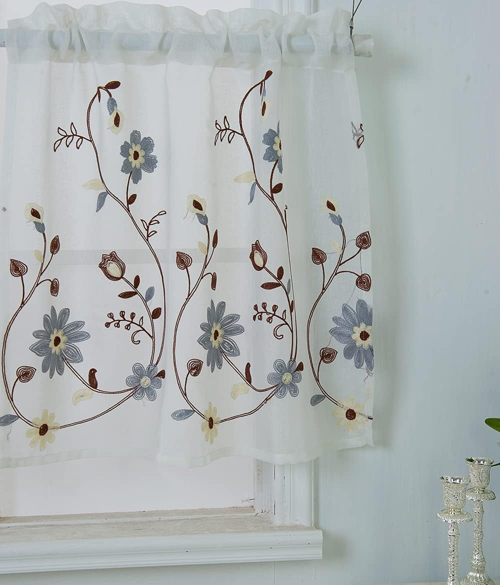 Kitchen Cafe Tier Curtains Small Sheer Voile Curtain Elegant Floral Embroidered Valances Farmhouse Modern Short Small Half Window Curtains & Drapes Rod Pocke for Bedroom/Living Room/Kitchen
