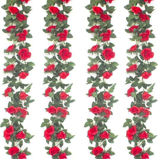 4Pcs(32 FT) Artificial Rose Vine Fake Flower Garland Hanging Rose Ivy Hanging Baskets Wedding Arch Garden Background Decor (Red)