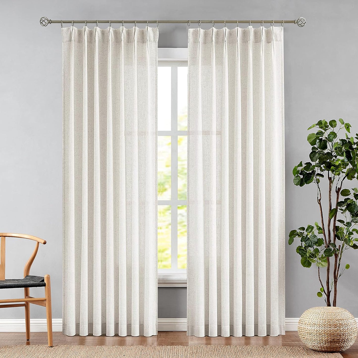 Central Park White Pinch Pleat Sheer Curtain 108 Inches Extra Long Textured Farmhouse Window Treatment Drapery Sets for Living Room Bedroom, 40"X108"X2  Central Park Linen/Pinch 40"X84"X2 