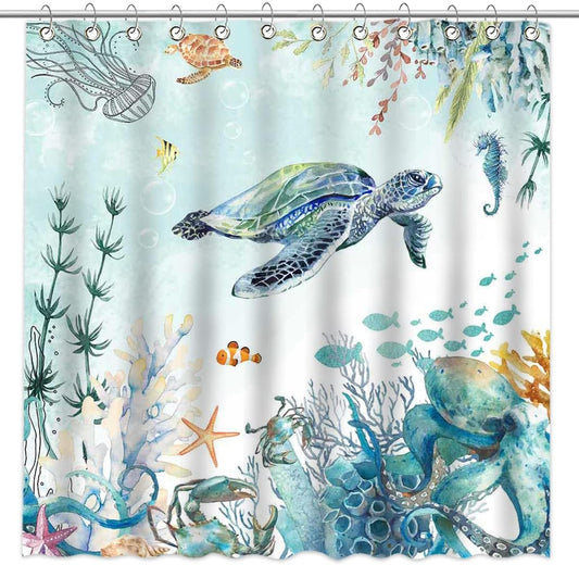 Mocsicka Sea Turtle Shower Curtain Ocean Animals Shower Curtain for Bathroom Underwater Coral Octopus Shower Curtain Set with 12 Hooks, 72X72 Inches