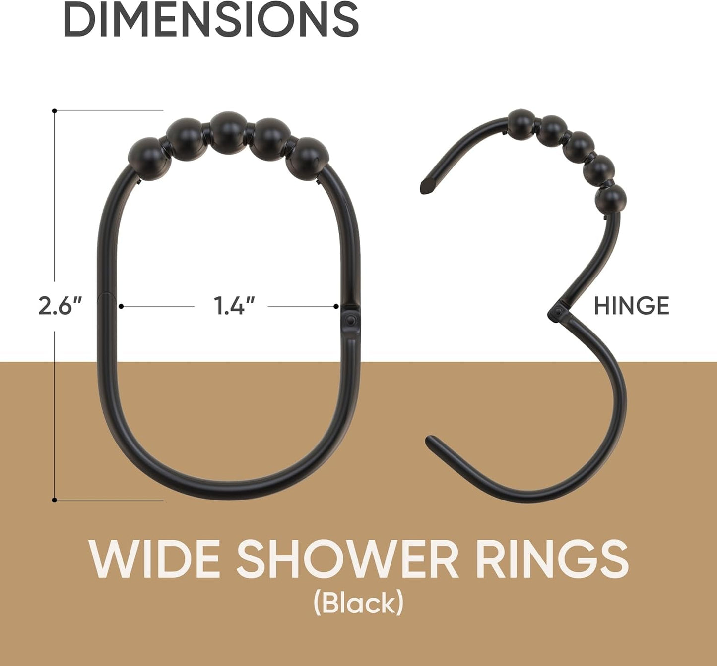 Color up Premium Wide Shower Curtain Rings - Stainless Steel Black Finish - Easy Glide Shower Hooks - Set of 12 Rust-Resistant Rings