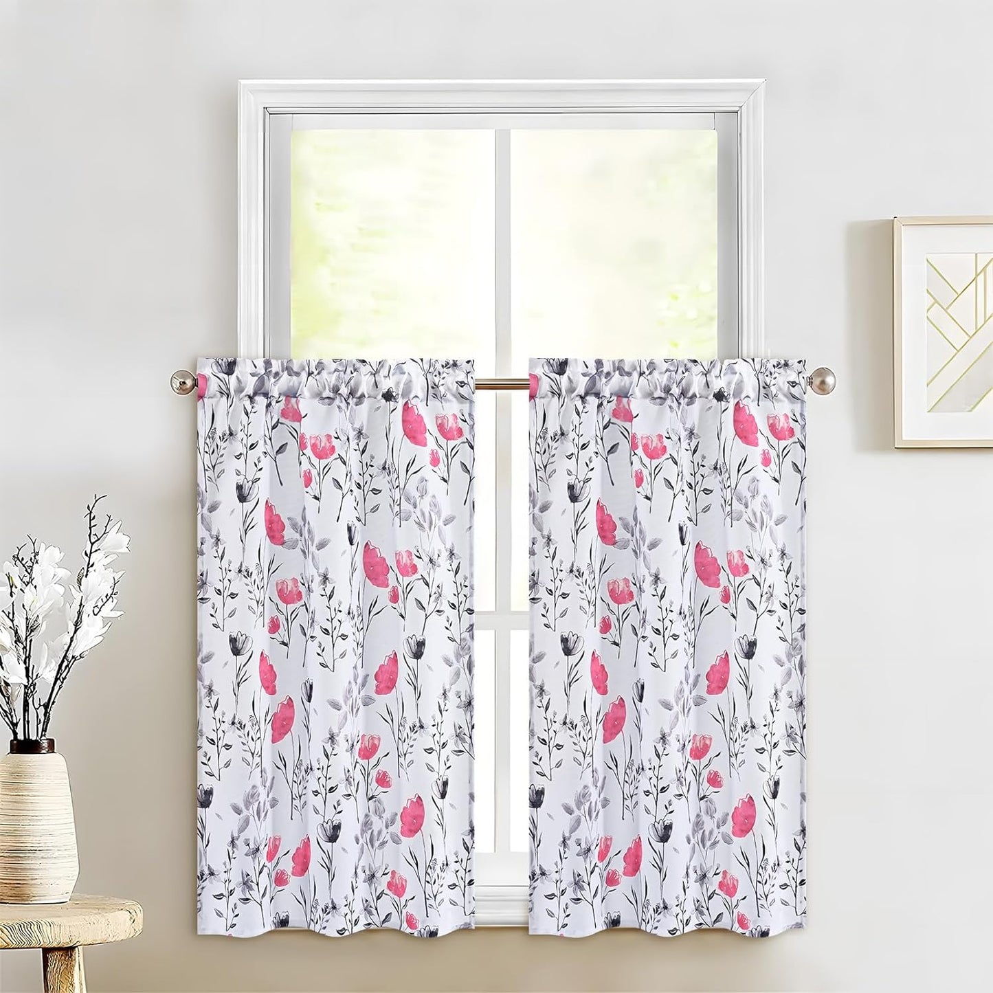 Likiyol Floral Kithchen Curtains 36 Inch Watercolor Flower Leaves Tier Curtains, Yellow and Gray Floral Cafe Curtains, Rod Pocket Small Window Curtain for Cafe Bathroom Bedroom Drapes  Likiyol Pink 36"L X 26"W 