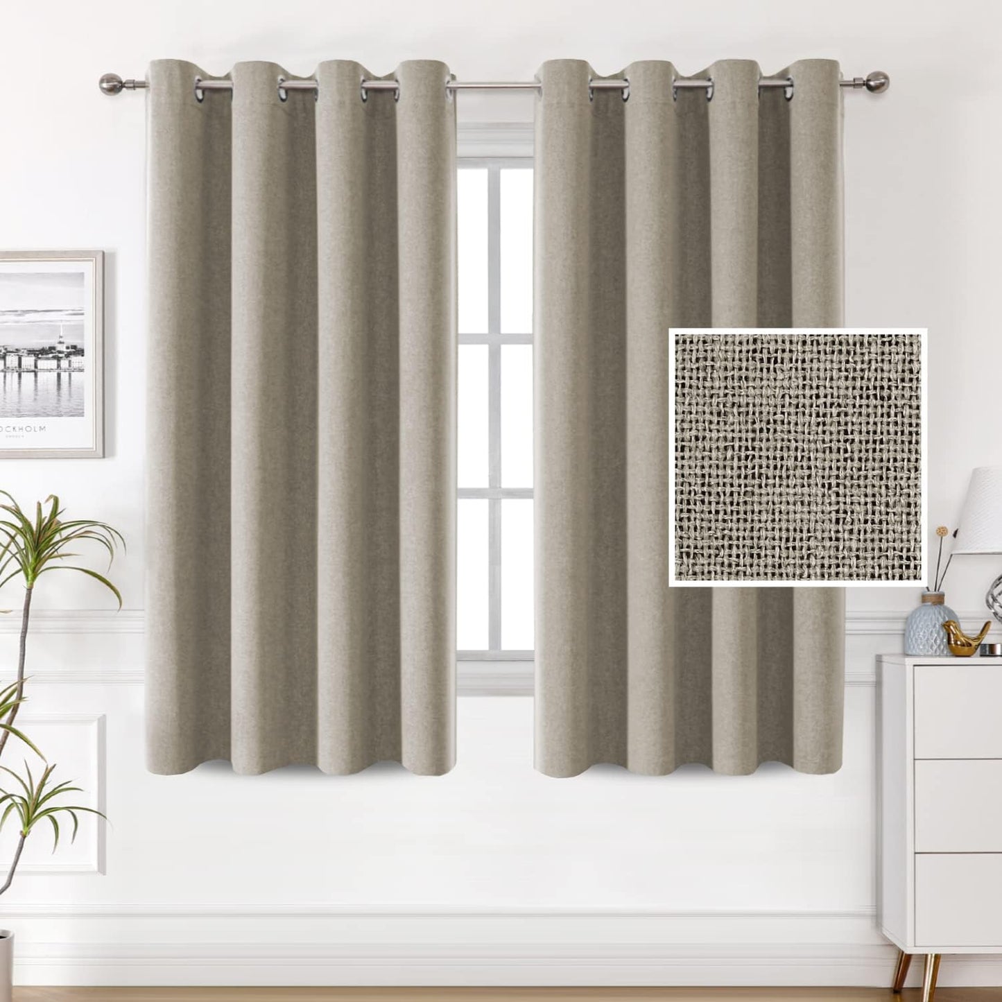 H.VERSAILTEX 100% Blackout Linen Look Curtains Thermal Insulated Curtains for Living Room Textured Burlap Drapes for Bedroom Grommet Linen Noise Blocking Curtains 42 X 84 Inch, 2 Panels - Sage  H.VERSAILTEX Taupe 52"W X 54"L 