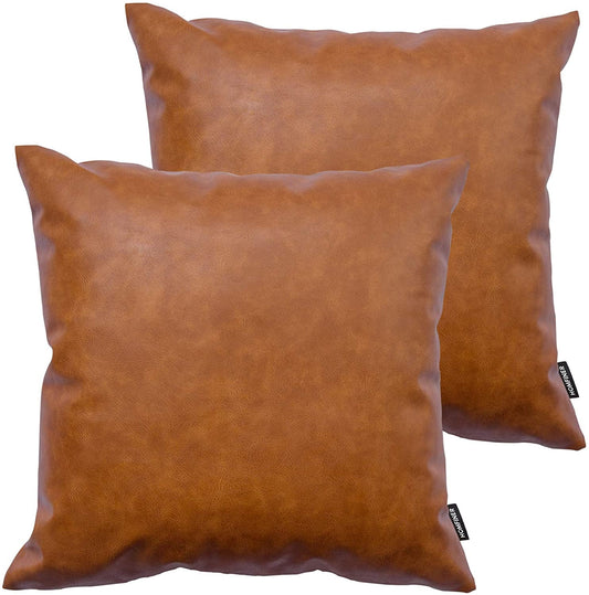 Faux Leather Throw Pillow Covers, 18 X 18 Inch Set of 2 Thick Cognac Brown Modern Solid Decorative Square Bedroom Living Room Cushion Cases for Couch Bed Sofa