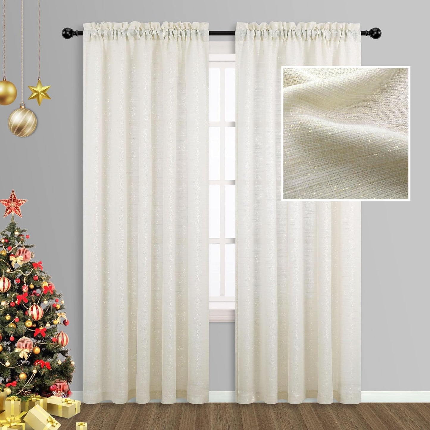 Gold Curtains 84 Inch Length for Living Room 2 Panels Set Rod Pocket Window Decor Semi Sheer Luxury Sparkle Shimmer Shiny Glitter Brown Golden Mustard Curtains for Bedroom 52X84 Long Christmas Decor  MRS.NATURALL TEXTILE Cream Beige 52X84 
