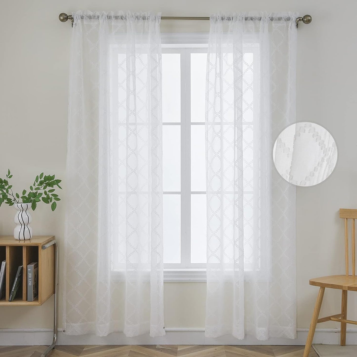 Joydeco White Sheer Curtains 63 Inch Length 2 Panels Set, Rod Pocket Long Sheer Curtains for Window Bedroom Living Room, Lightweight Semi Drape Panels for Yard Patio (54X63 Inch, off White)  Joydeco Trellis Embroidery-White 54W X 84L Inch X 2 Panels 