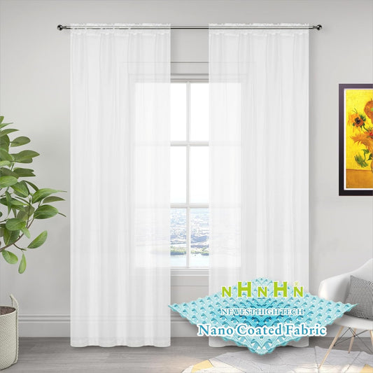 NHNHN Nano Material Coated White Sheer Curtains 84 Inches Long, Rod Pocket Window Drapes Voile Sheer Curtain 2 Panels for Living Room Bedroom Kitchen (White, W52 X L84)  NHNHN White 52W X 72L | 2 Panels 