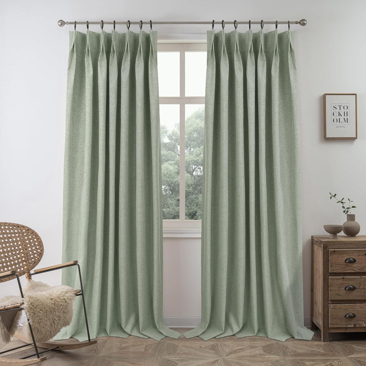 Driftaway 100% Blackout Natural Linen Curtains for Bedroom 96 Inches Long Double Layer Drape Farmhouse Thermal Insulated 3 Inch Rod Pocket Back Tab Full Light Blocking 2 Panels for Living Room Nursery  DriftAway Pinch Pleat Green 52"X84" 