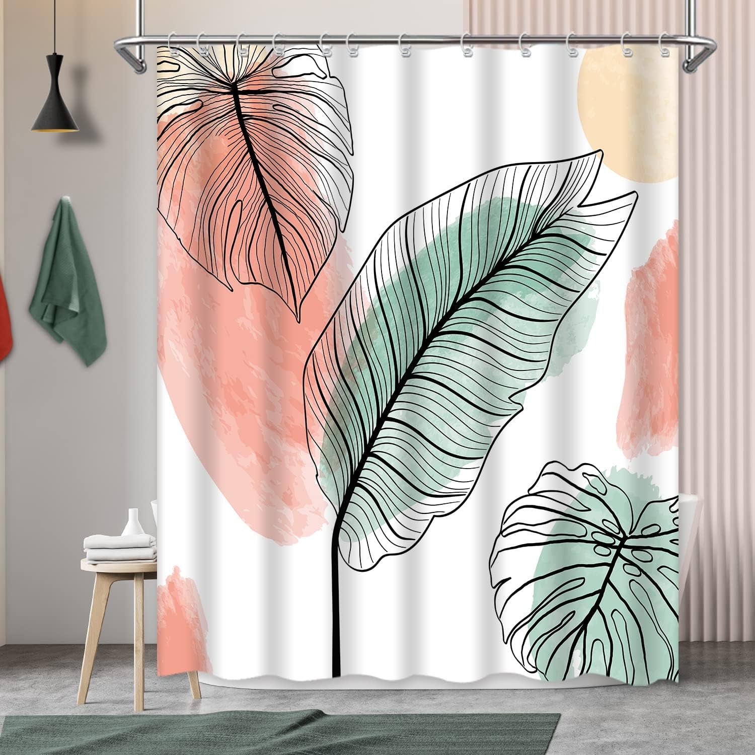 Green Hawaii Tropical Shower Curtain Tropical Leaves Plant Shower Fabric Shower Curtains for Bathroom Botanical Jungle Shower Curtain Set with 12 Hocks, 72X72 Inch