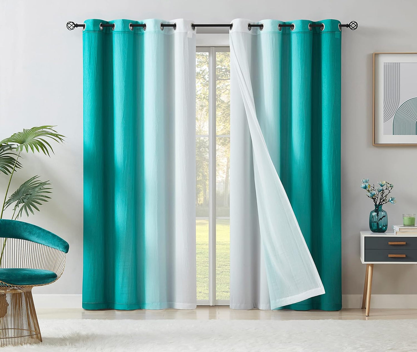 Mix and Match Blackout Curtains - Bedroom Solid Black Full Blackout Window Panels & Black Chiffon Sheer Curtains Thermal Insulated Drapes for Living Room, Grommet, 52" W X 63" L, Set of 4  Purainbow Teal/White 52" X 63" 